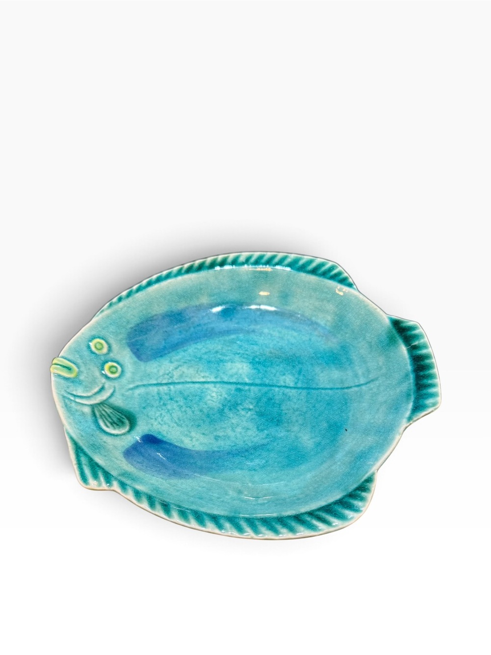Vintage Turquoise Ceramic Fish Plate Crackle Glaze Japan Marked 9.75” X 8.5”